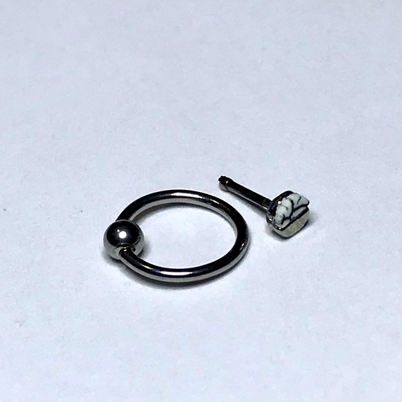 Silver Tone Marbled Stud & Hoop Nose Ring Set - Picture 4 of 5